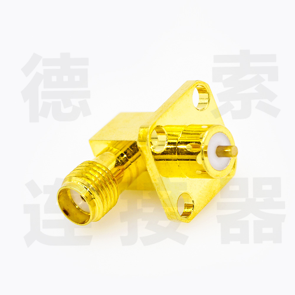 SMA连接器母弯式4孔法兰/焊板铜镀金标准50欧姆