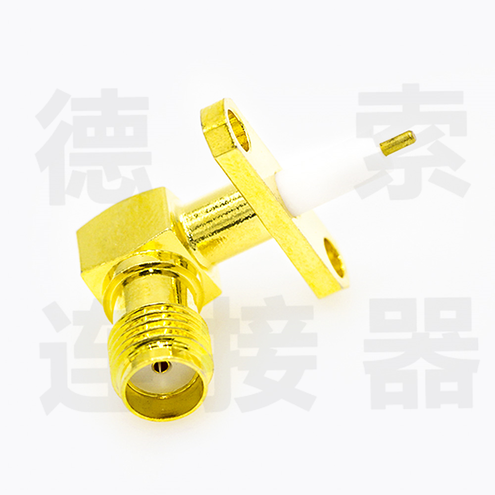 SMA连接器母弯式2孔法兰/焊板铜镀金标准50欧姆