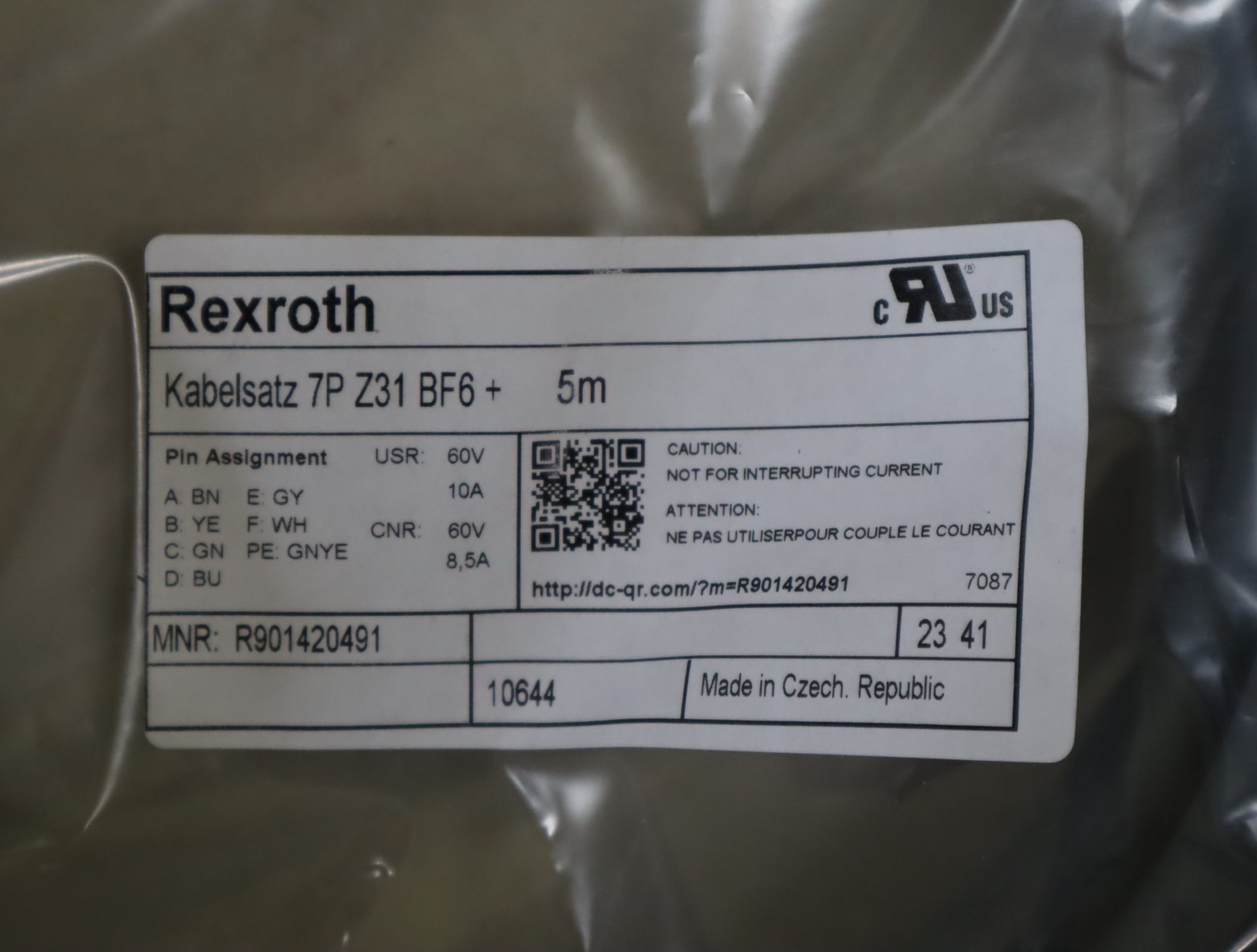 R901420491 Kabelsatz 7P Z31 BF6 +5M 电缆套件力士乐REXROTH电线