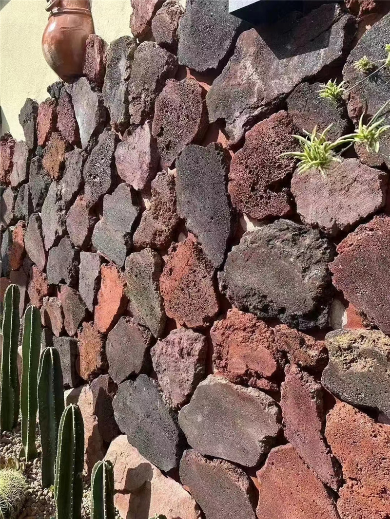 景观外墙 红色火山岩碎拼石 灰色火山石墙面 黑色洞石文化石