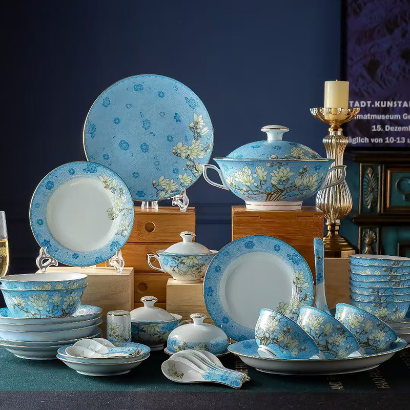 景德 镇珐琅彩餐具套装防烫高脚碗玉兰花陶瓷碗盘中式碗盘新居送礼