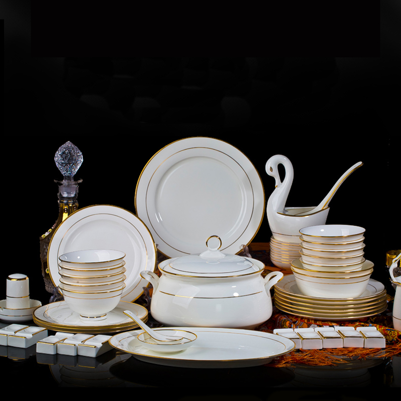 合燊 骨瓷餐具套装家用碗盘描金高脚防烫米饭碗散件单人自由搭配