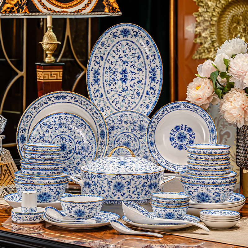 合燊 青花缠枝莲餐具家用轻奢高档碗盘中式经典陶瓷碗碟套装饭碗