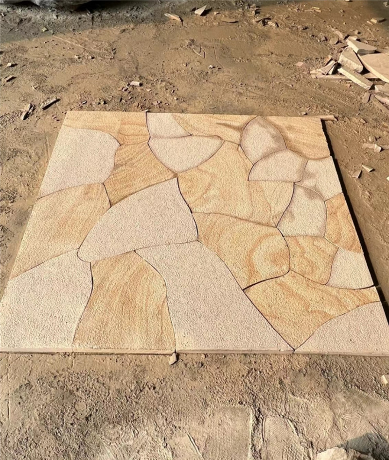 自然肌理 不规则黄木纹板岩碎拼石 虎皮黄蘑菇石 简约线条背景墙