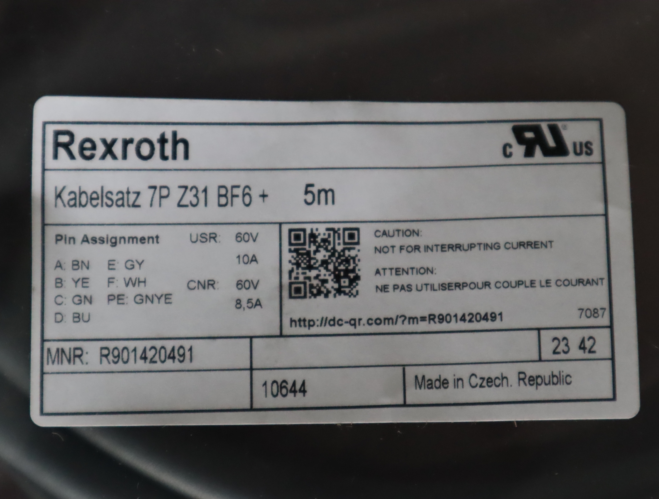 R901420491 电线组 Kabelsatz 7P Z31 BF6 +5M 电缆套件 REXROTH