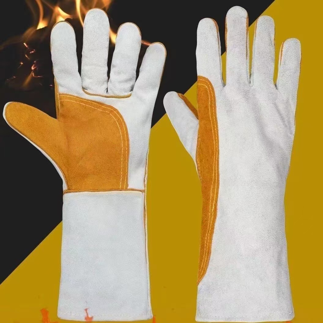 长款牛皮加托加固电焊手套防护加厚机械耐用耐高温隔热手套 