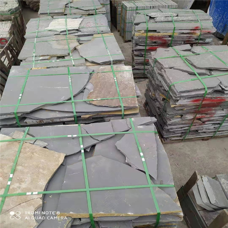 沐浴区 不规则板岩碎拼石 绿色蘑菇文化石 片石景观墙