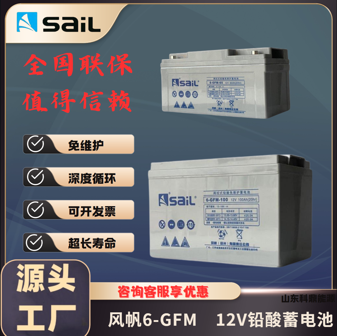 风帆工业蓄电池 铅酸储能免维护阀控式数据中心通信12V65Ah