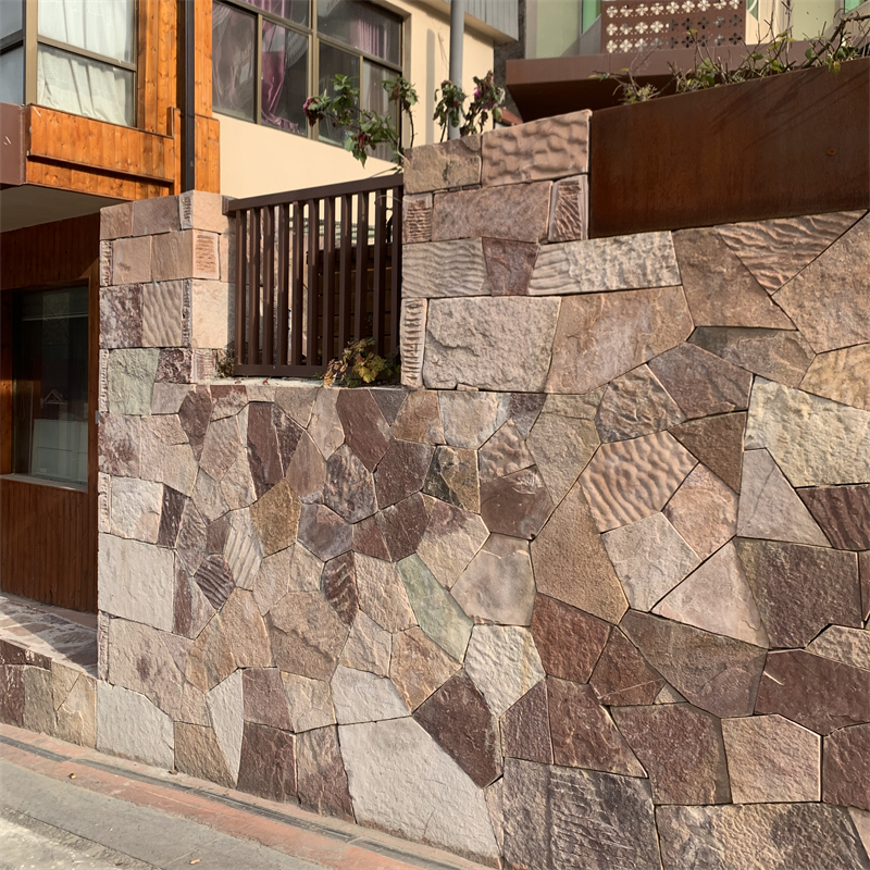 乡村建设 红色碎拼石 粉红色外墙蘑菇石 高粱红乱形石片石