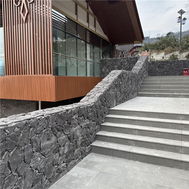亲水平台 水池水幕墙 不规则黑色碎拼 蘑菇文化石