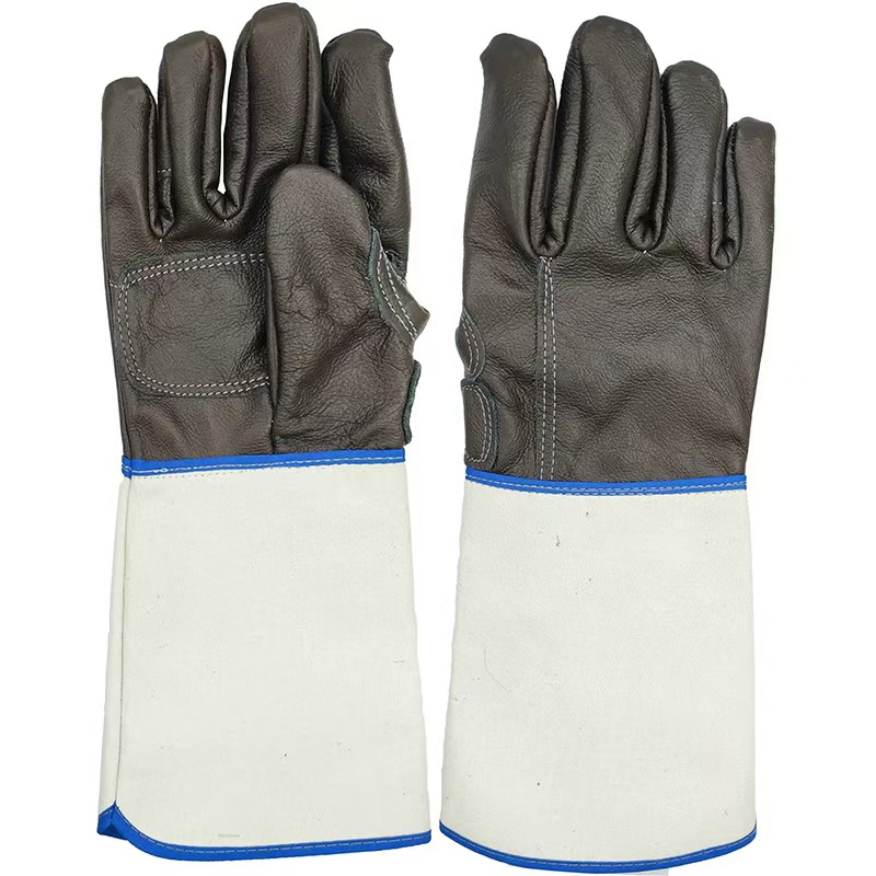 头层深色牛皮手掌加托虎口加皮帆布大宽袖加长电焊接隔热焊工手套 
