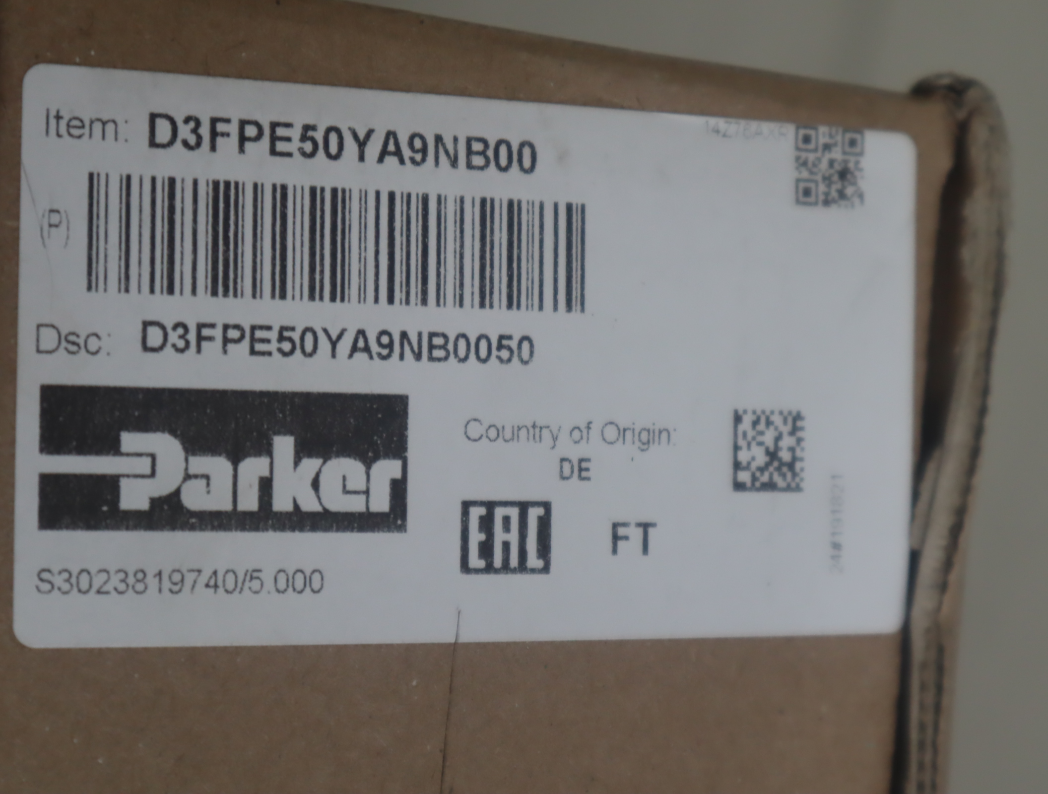 D3FPE50YA9NB00 美国派克PARKER比例阀D3FPE50YA9NB0050