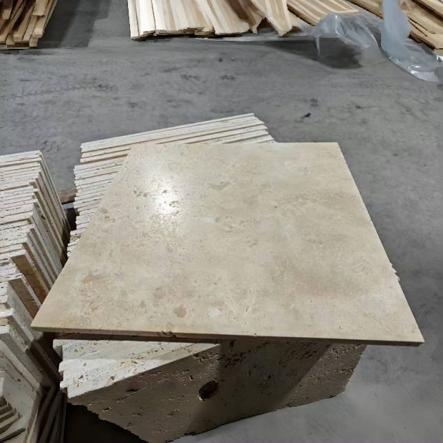 走廊地面 超白洞石文化石 米白色莱姆石罗马拼 白色碎拼石