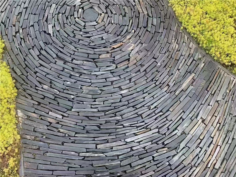 奢华风 旱溪石文化石景墙 不规则青石板碎拼石 黑色流水石