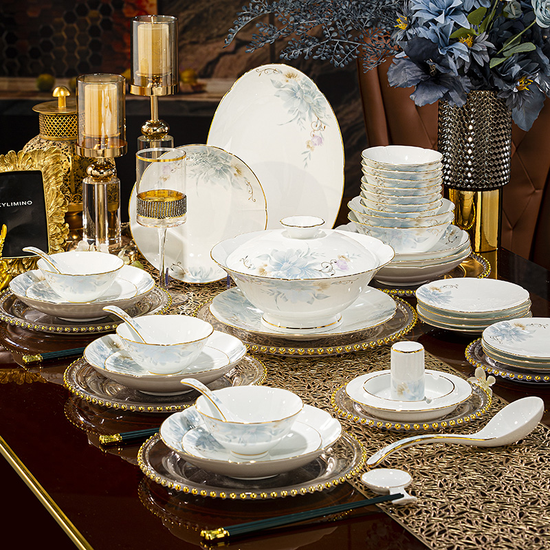 合燊陶瓷碗碟盘套装家用中式餐饮具68件套高温白瓷描金餐具礼物