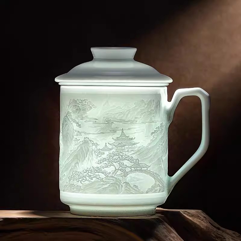 合燊 青瓷雕刻办公茶漏杯450ml蓬莱仙境陶瓷办公杯送男士礼物水杯