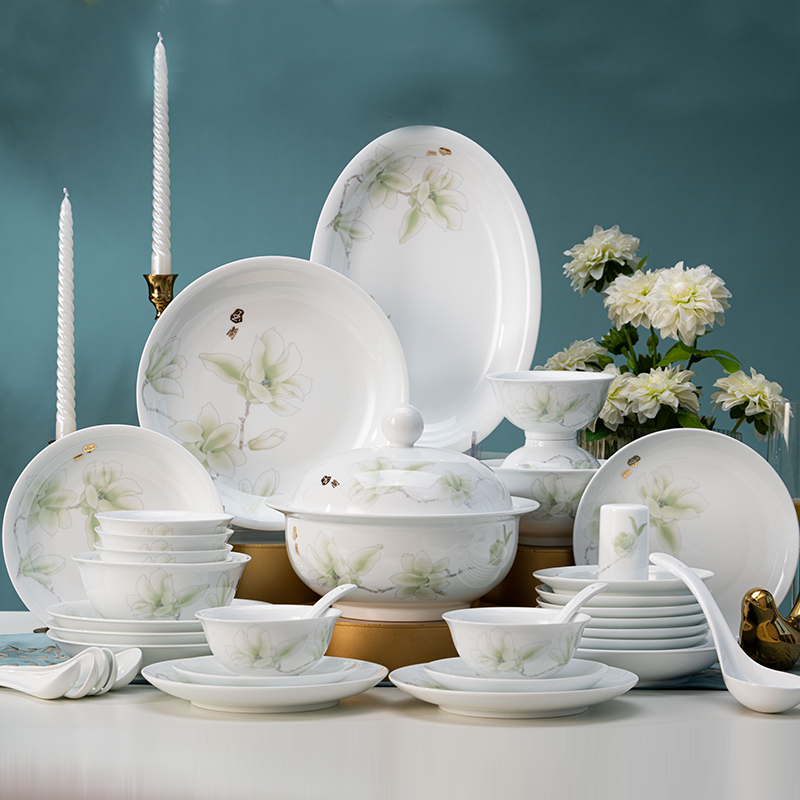银行客户礼68头玉蘭高白瓷餐具套装高端饭碗菜盘大学荣休礼