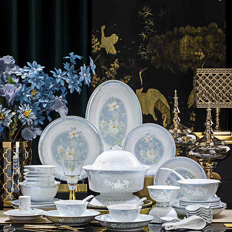 素雪玲珑白瓷餐具套装高温釉68头春色宜人轻奢中式碗碟盘乔迁送礼