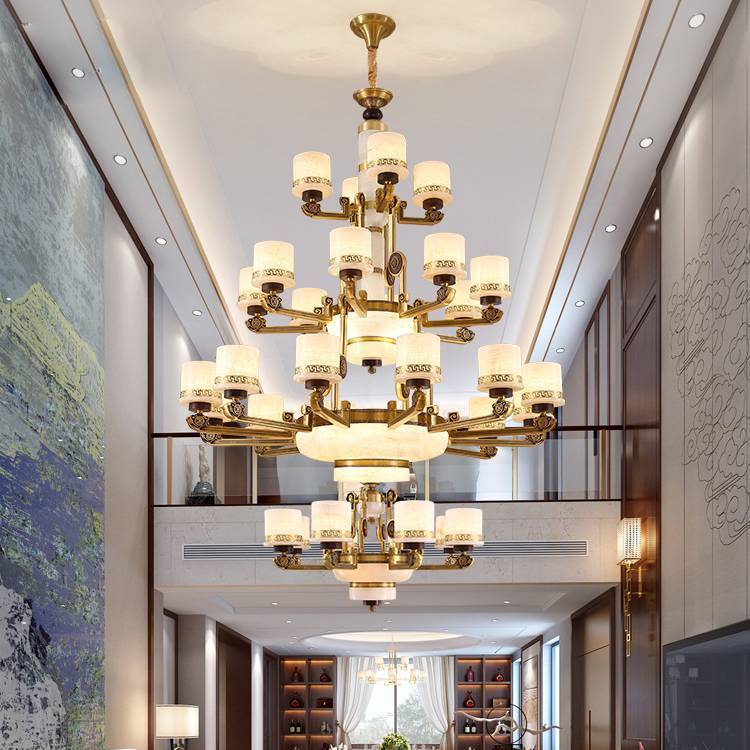 樊灯6107别墅复式楼欧式新中式铜灯 中国风古典简约大气玉石大厅灯