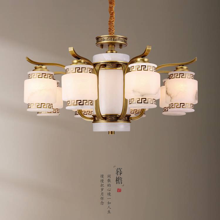 樊灯6215单层新中式玉石客厅铜吊灯新古典茶楼梯复古灯具