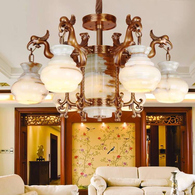 樊灯5041新中式装饰铜臂红木玉石复古餐厅中国风复式别墅大堂灯饰