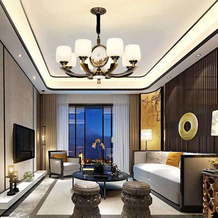 樊灯6010全铜吊灯新中式天然玉石客厅卧室灯具