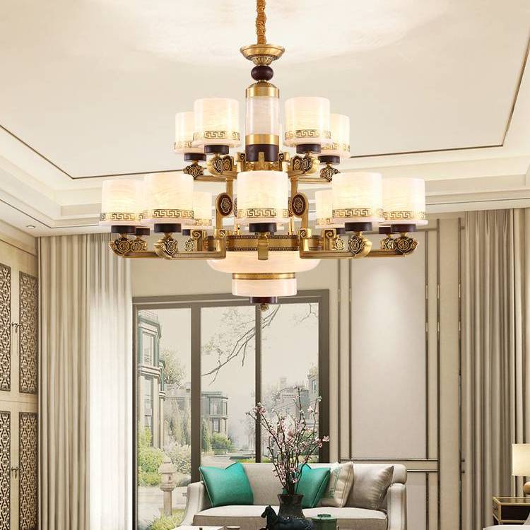 樊灯5021欧式铜玉石新中式复古禅意吊灯 客厅餐厅别墅专用