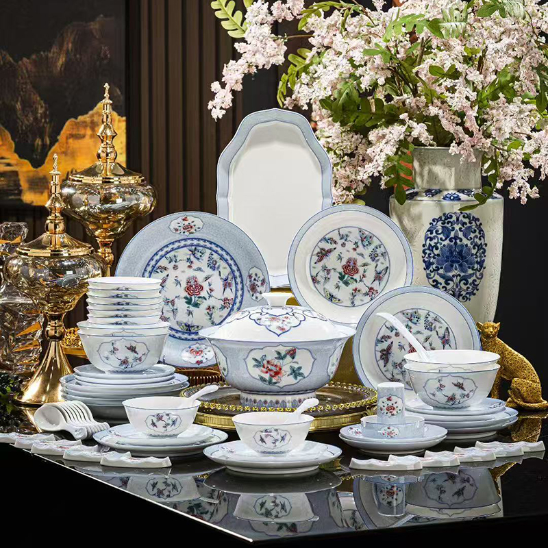 高温陶瓷餐具套装家用豪华配置70头彩蝶恋花碗盘碟组合馈赠礼物