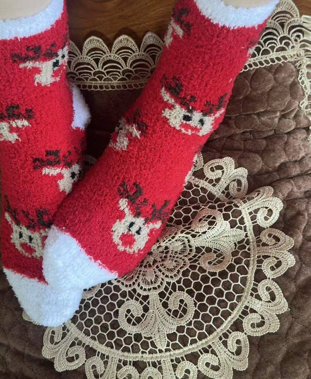 半边绒麋鹿大红色圣诞系列保暖袜