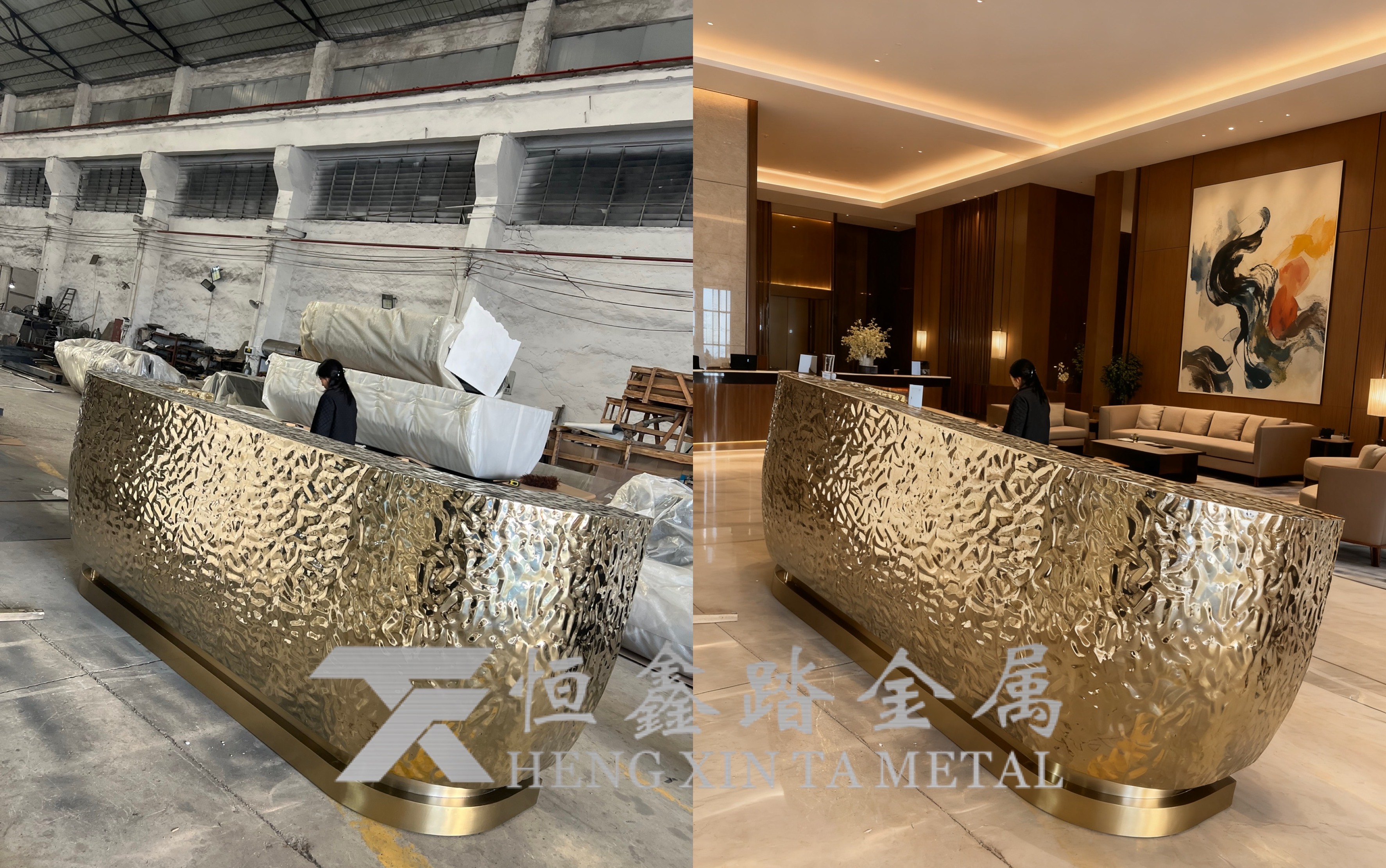 金属液压不锈钢水波纹吧台 酒店会所镜面钛金接待服务前台