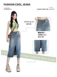 高腰美式怀旧半身裙 开叉高腰牛仔半身裙 S157款
