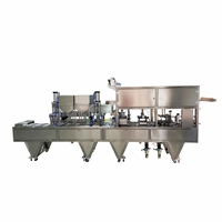 Small cup sauce filling and sealing machine with four cups, automatic empty cup filling, piston cylinder, automatic quantitative filling. The structure of the whole machine is made of 304 stainless steel welded together