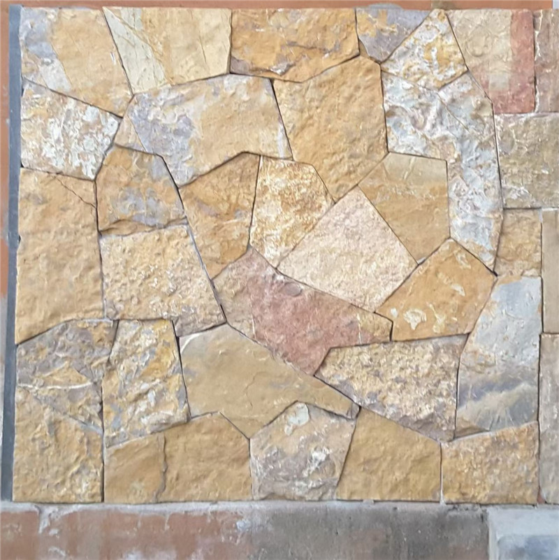 民宿客厅 黄锈色碎拼石 虎皮石毛边文化石 天然乱形石片石