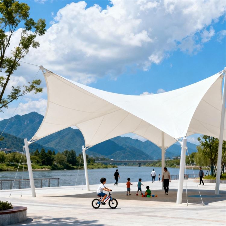 商业街中庭膜结构 湖畔河边观景台遮阳伞 透光减排