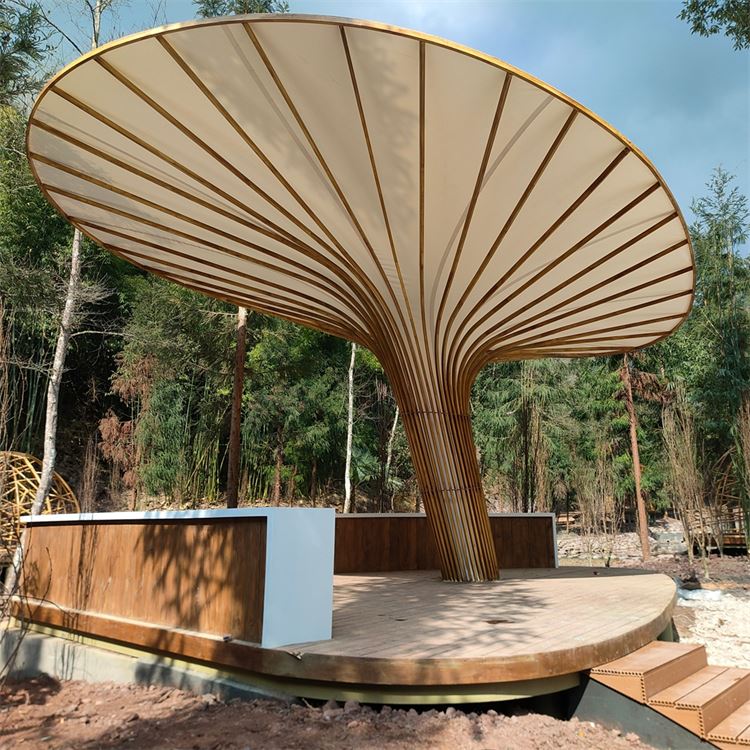 商业景观膜结构 湖畔河边观景台遮阳伞 落地维护