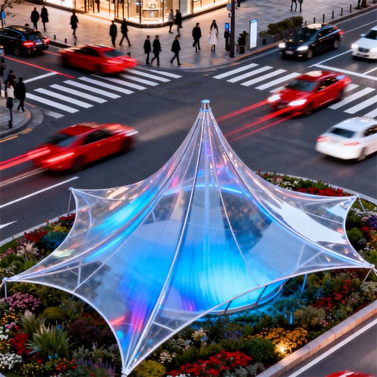 古镇景区膜结构配套  湖畔河边观景台遮阳伞 透光减排