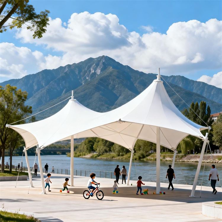 景观张拉膜 湖畔河边观景台遮阳伞 亲子活动区