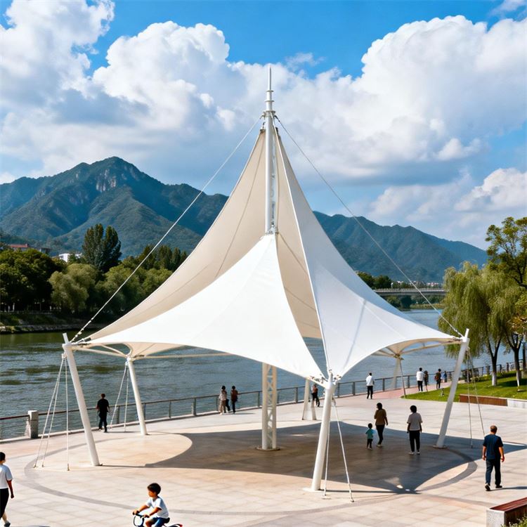绿色建筑认证景观膜结构 湖畔河边观景台遮阳伞 落地维护