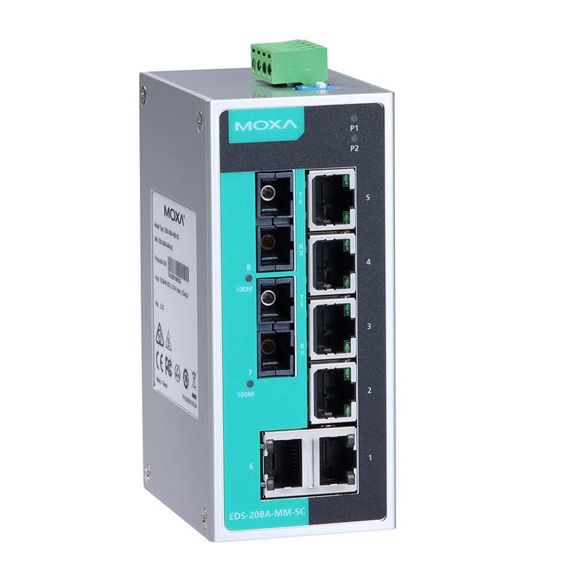 EDS-208A-MM-SC /ST摩莎2光6电口多模非网管百兆工业以太网交换机
