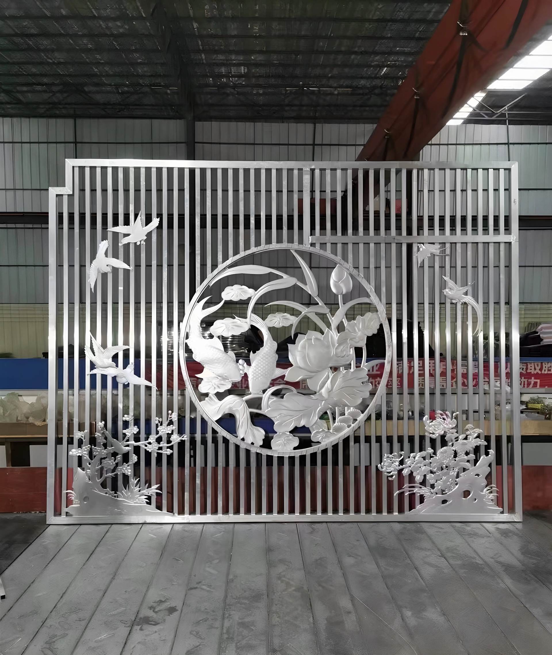 定制新中式铝合金屏风假山背景墙隔断酒店大堂山水庭院园林铝格栅