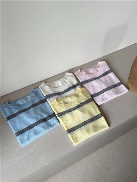 Lyocell Hanma blend striped knit sweater, moisture absorbing, breathable, antibacterial round neck top
