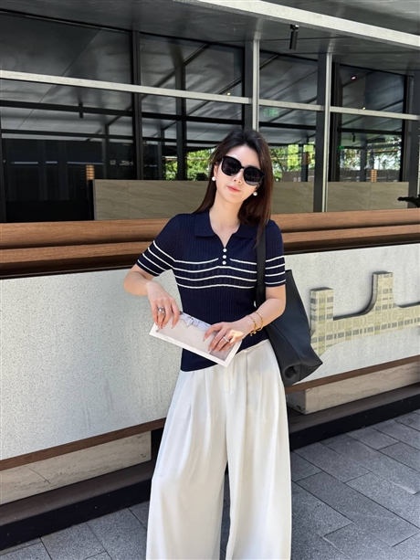 Tencel Hanma striped polo shirt for women in summer, thin and breathable short sleeved knitted top