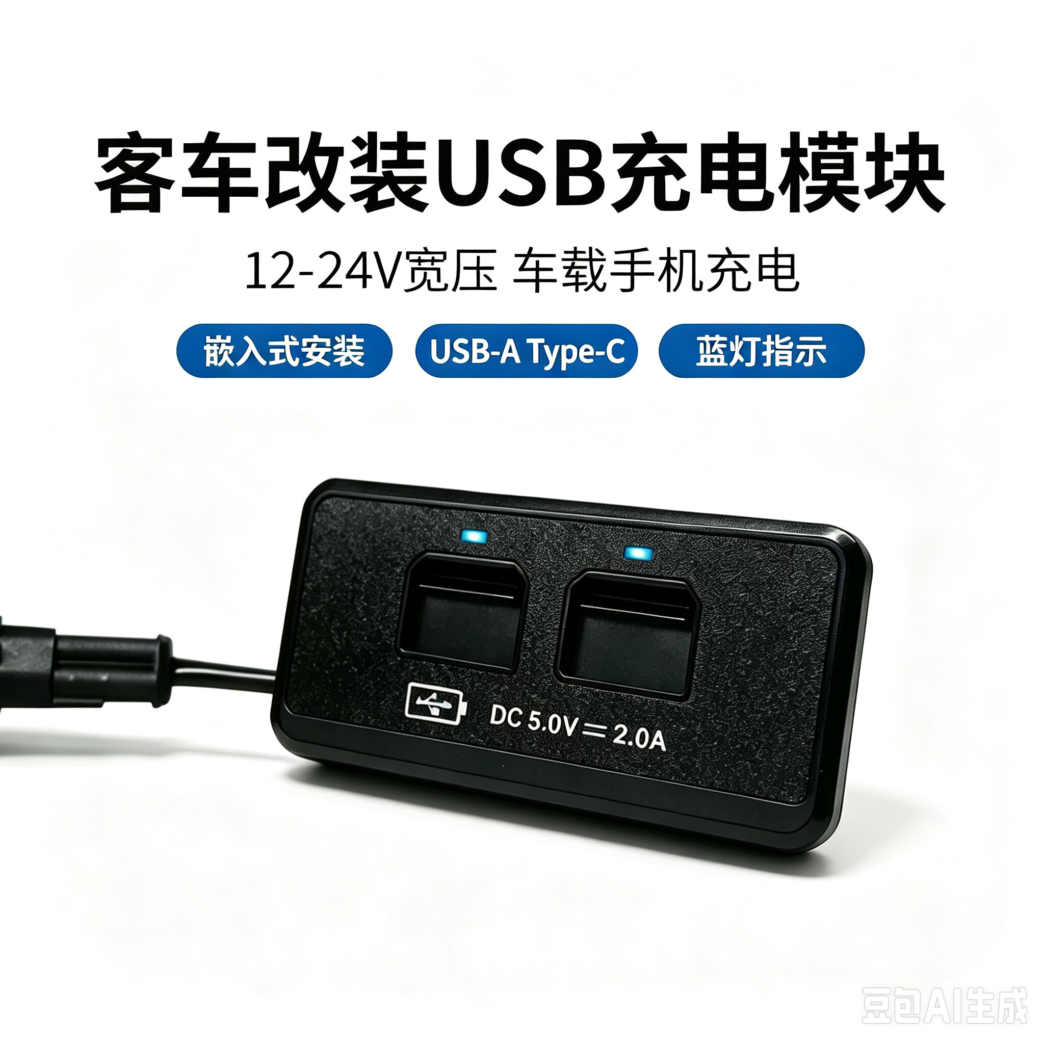 客车改装 USB 充电模块 12-24V 宽压嵌入式车载充电器 USB-A+Type-C 大巴车充
